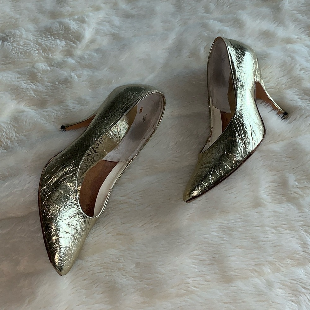 Vintage metallic gold real  leather pointed toe pumps heels shoes 7